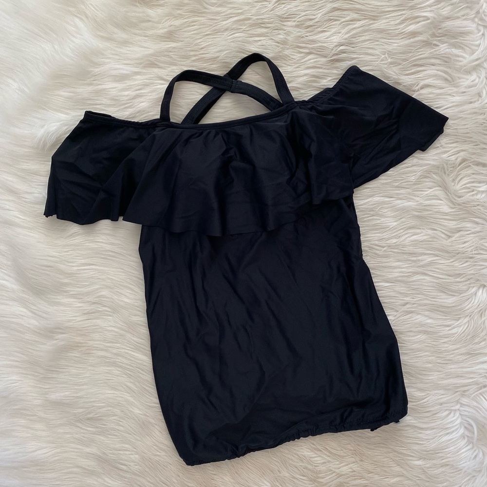 Mermaid Maternity Black Ruffle Cold Shoulder Drawstring Hem Tankini Swimsuit Top - Picture 2 of 11